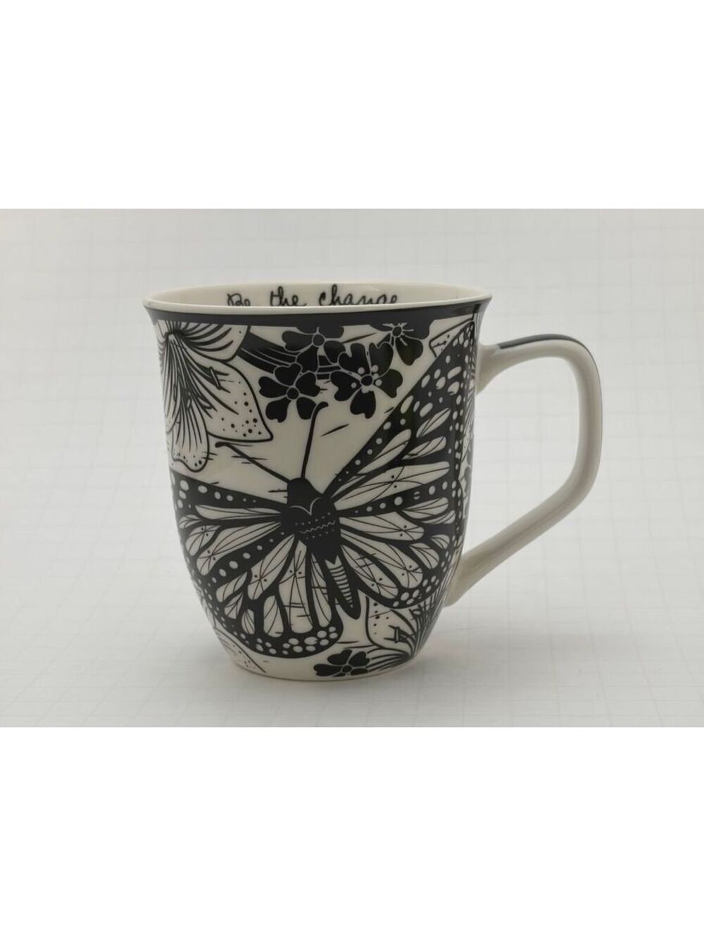 Karma Black and White Butterfly Ceramic Mug with 'Be the Change' Inscription
